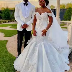 2020 New African Luxury Off the Shoulder Appliques Pearls Plus Size Black Vestido de noiva Mermaid bridal Wedding Gowns MWA987