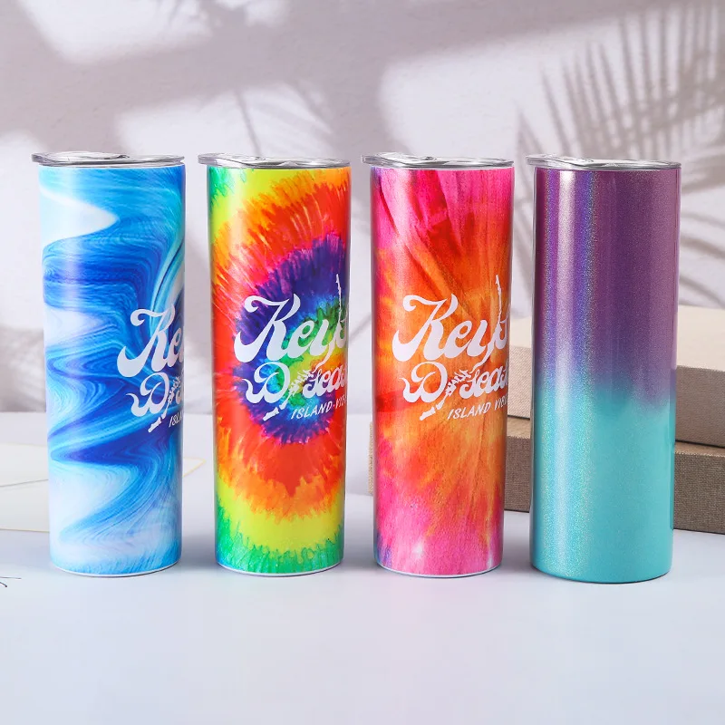 Wholesale custom logo straight tumbler slim glitter sublimation stainless steel 20oz skinny tumbler with straw and lid