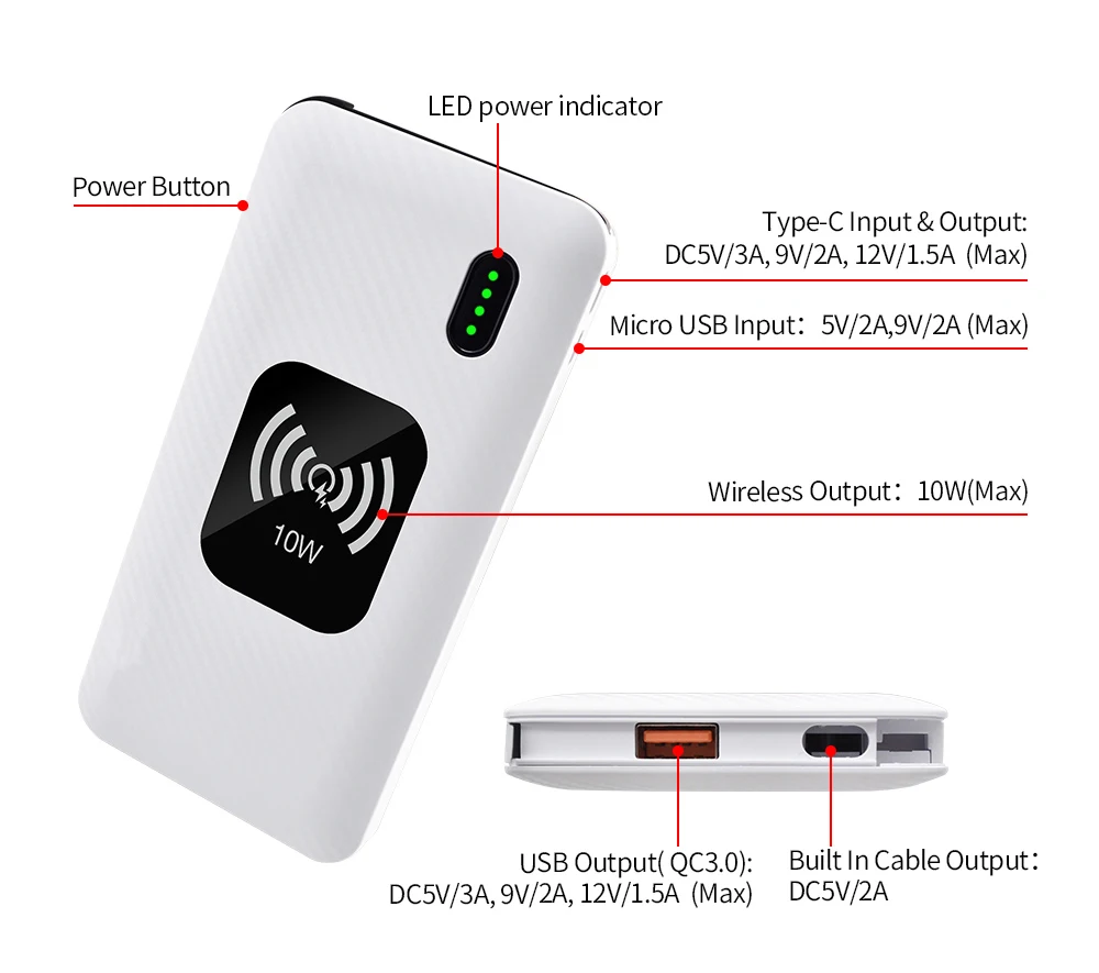 -Tipo C em dois sentidos 18 PD W carga r&aacute;pida de carregamento r&aacute;pido banco de energia sem fio - ANKUX.COM