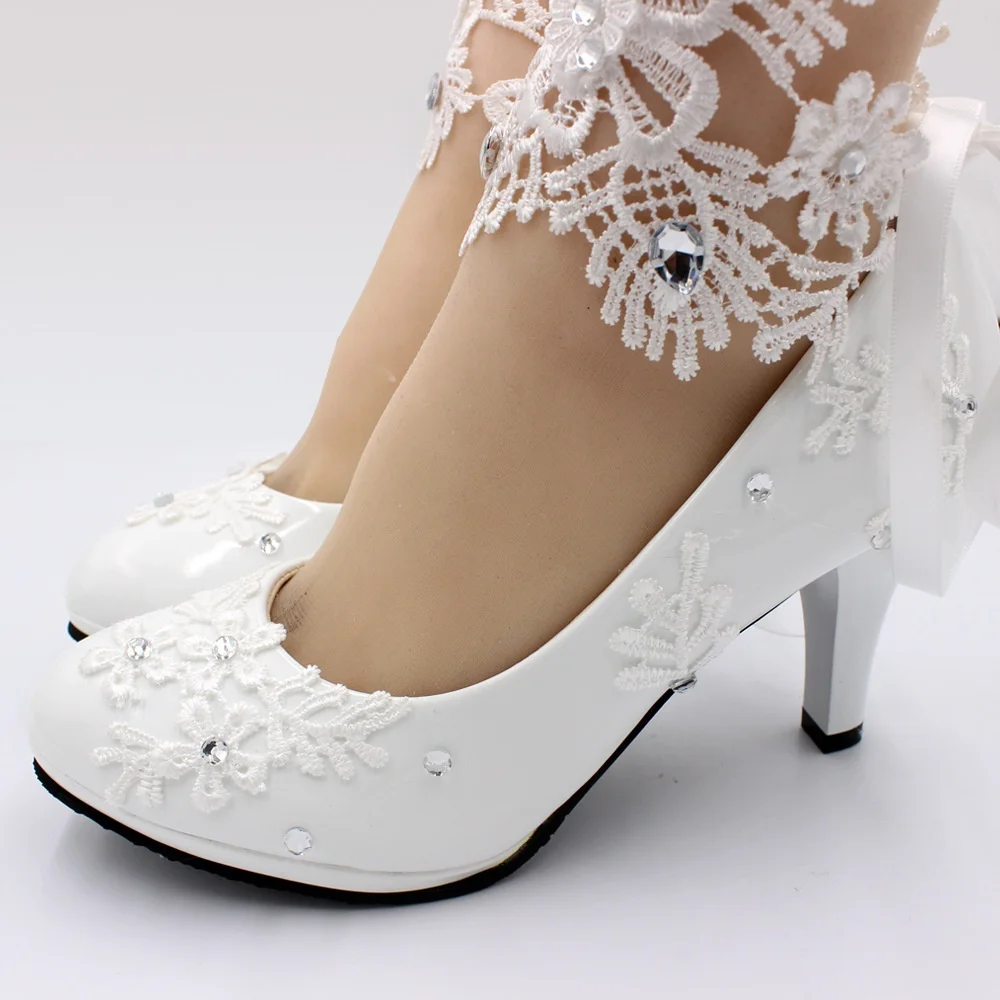 European American Style White High Heel Wedding Shoes for Women Thin Heels Plus Size PU Rhinestone