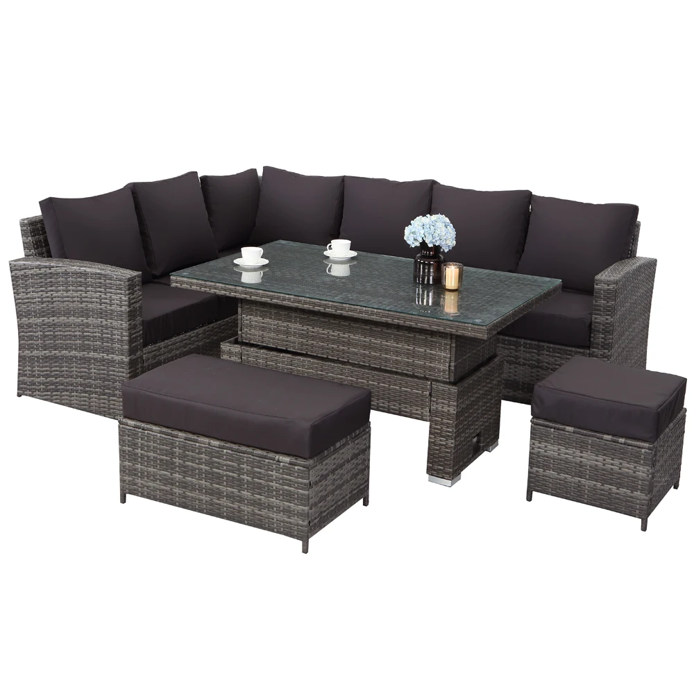 Rattan Corner Sofa With Rising Table Bench And Stool Backyard Set Flat