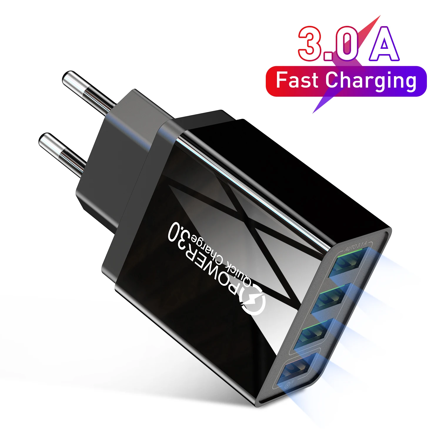 USLION Hot Sale Blue Light 4 USB Ports Fast Charging QC 3.0 for Cellphone Plug Power Adapter Wall Charger