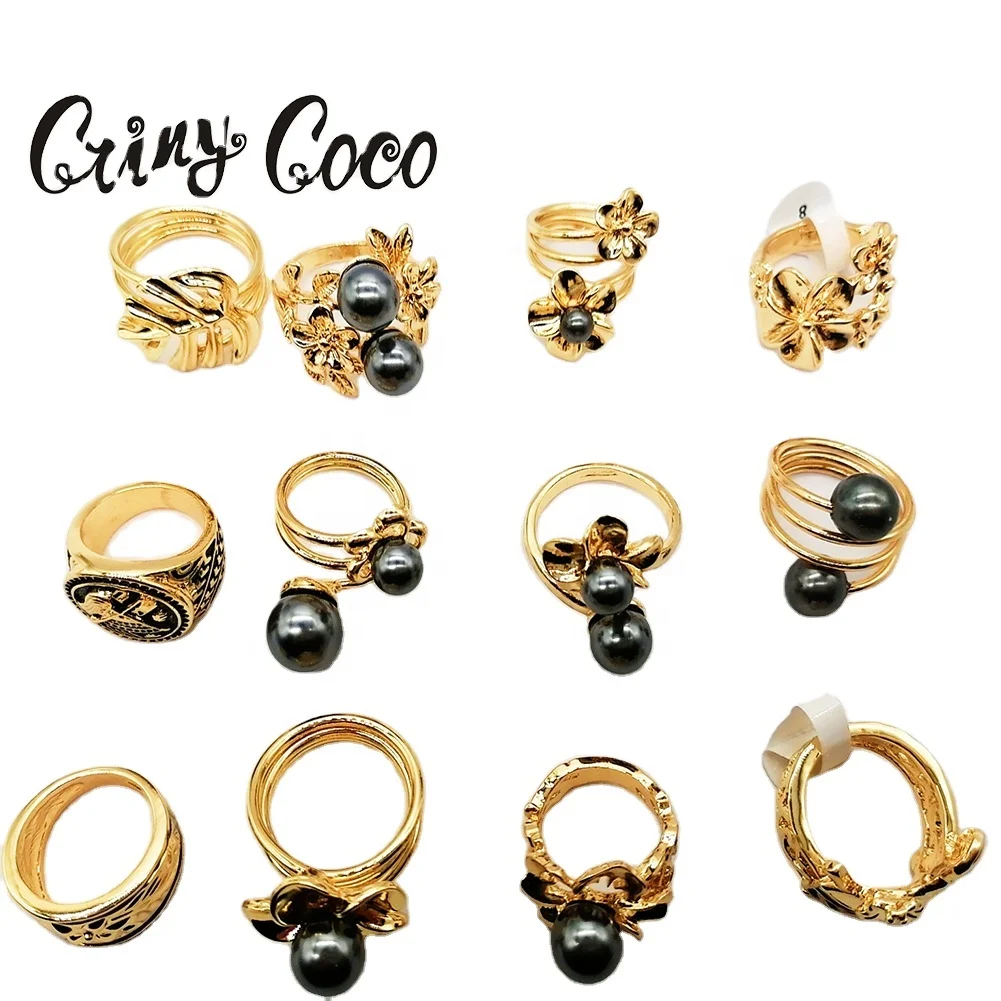 

Cring CoCo Colorful Fashion Crystal Gold Plated Engagement Pearl Adjustable Drum Enamel Large Jewelry Flower Hawaiian Rings, Gold color