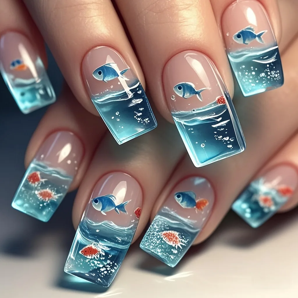 European American 24pcs Fingers Square Wearable Nails Blue Ocean Fish Smudged French Manicure Jewelry Findings Components