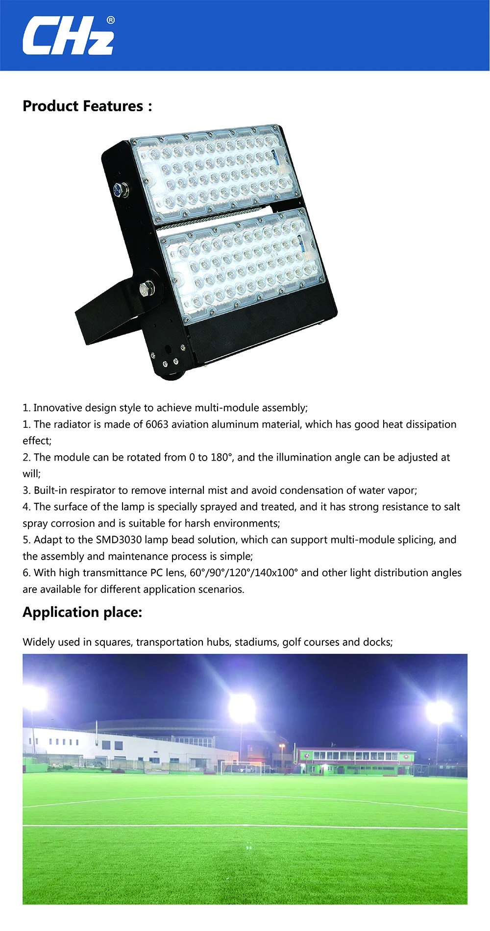 LED Tunnel Football Stadium Lighting Construction Spotlight 1200w LED IP66 Module Flood light