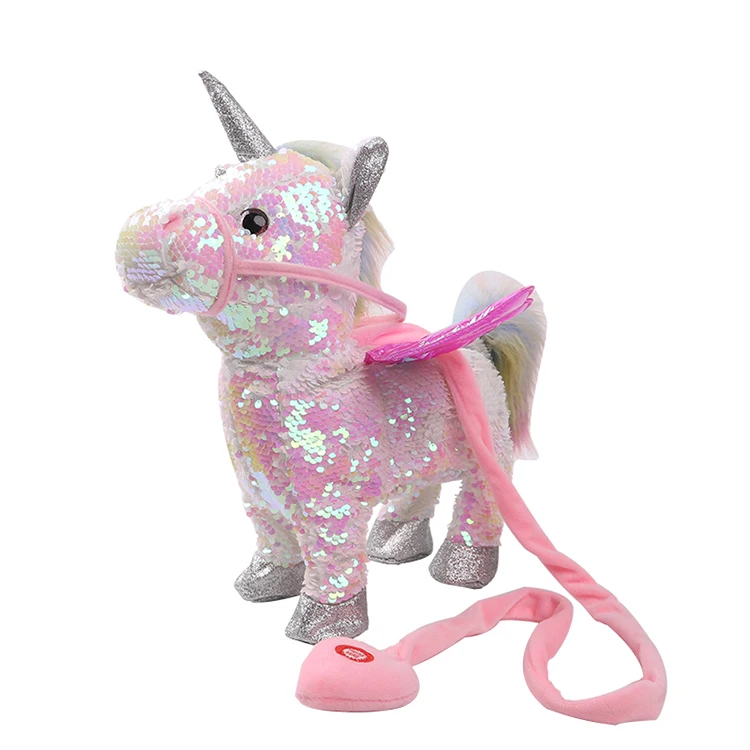 儿童游戏玩具可爱亮片小马绳子飞马娃娃散步,唱歌电龙马毛绒玩具儿童