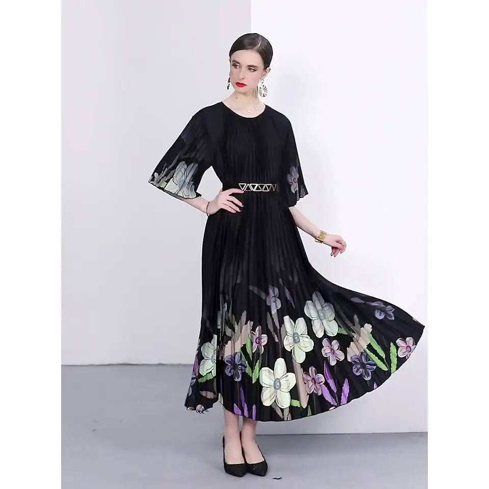 Runway Spring Summer Vacation Dress Women Elegant Short Sleeve Floral Print  Bohemian Lady Chiffon Long Maxi Dress 9381#