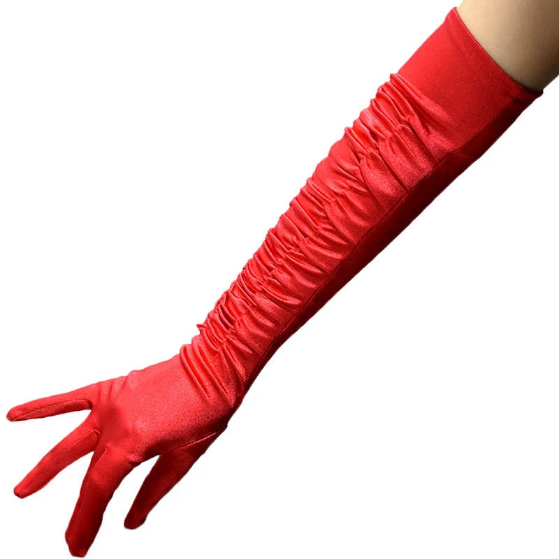 Women Party Gloves Long Sleeve Wrinkled Black White Satin Fabric Lady Fashion Beauty Glove for Party