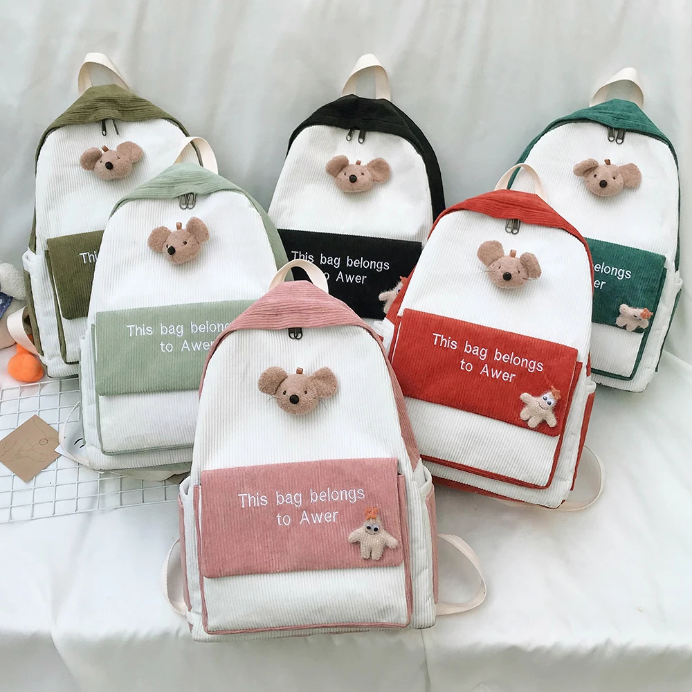 product-GF bags-mochilas CuteStripe Female Corduroy Backpack Women Letter Embroidery School Bag Girl