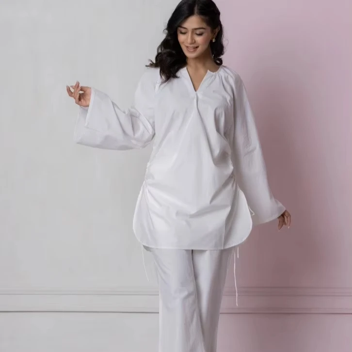White Relaxed Co-ord Set Slip-on Dress V-neck Long Sleeves Wide-Leg ...
