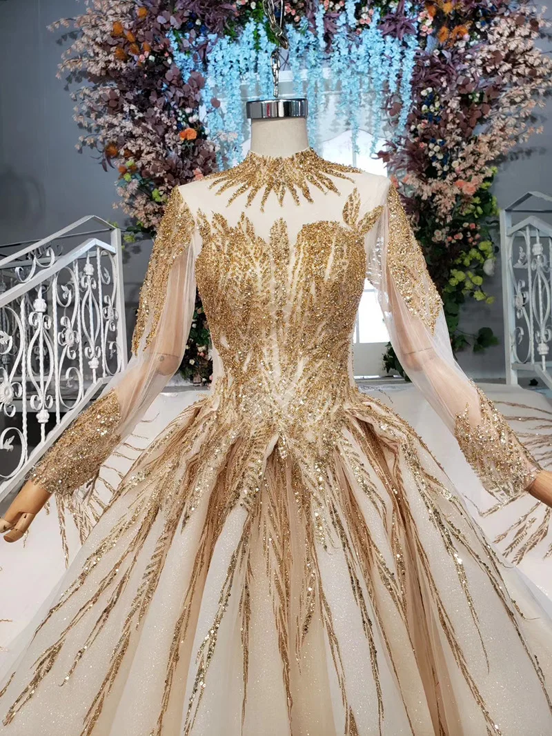 2020 Custom Made Princess Wedding Dresses Vestido De Casamento Gold Appliques Beading Long Sleeve Bridal Gowns