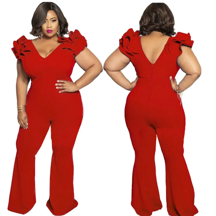 K2219 Fashion Solid Color Deep V-Neck Petal Short-Sleeved Tight Women Wide-Leg Large Size Jumpsuit