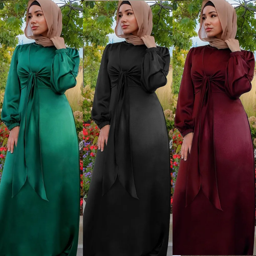 New Fashion Islamic Clothing EID Modest wear satin Abaya dress long sleeve islamic clothing solid color muslim dress for women
