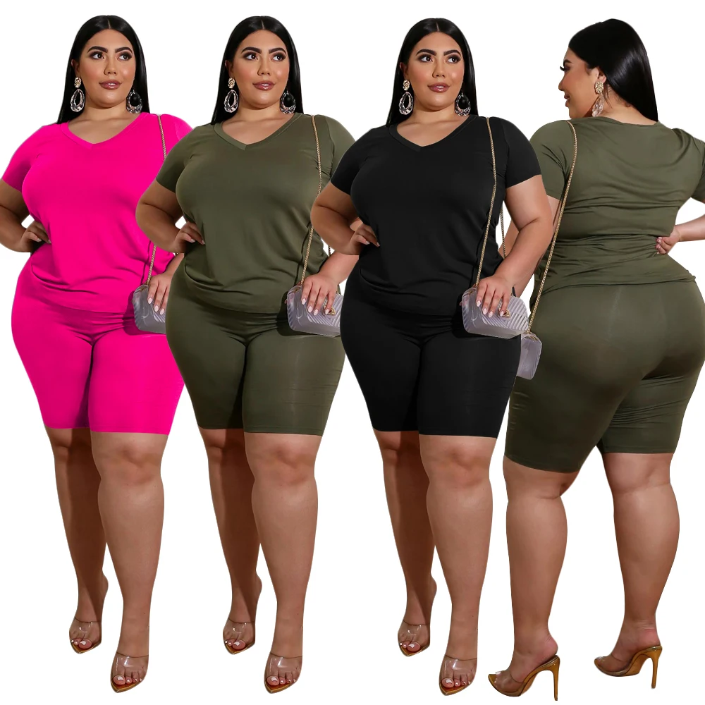 Foma P5024 Hot selling 4XL plus size solid color two piece short set women clothing