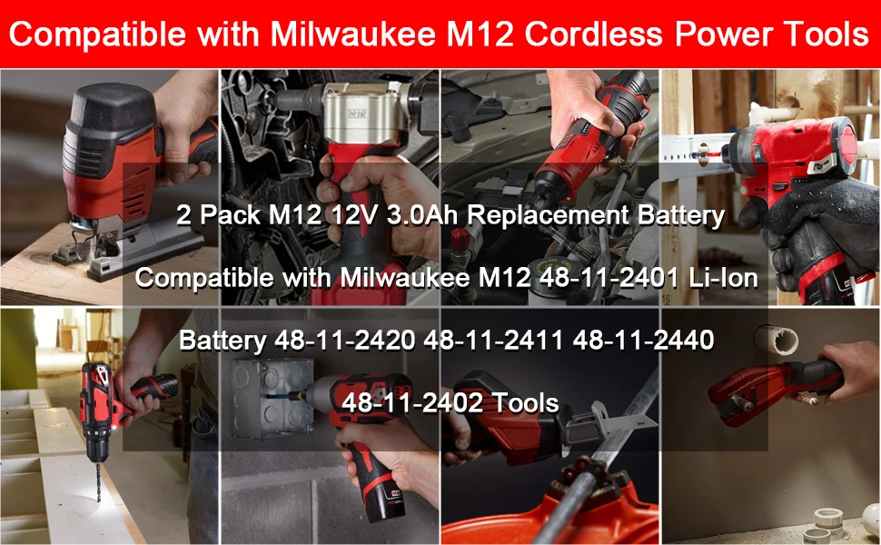 Details about   12V 3.0Ah-9.0Ah Replacement Battery For Milwaukee M12 12 Volt 48-11-2401 New 