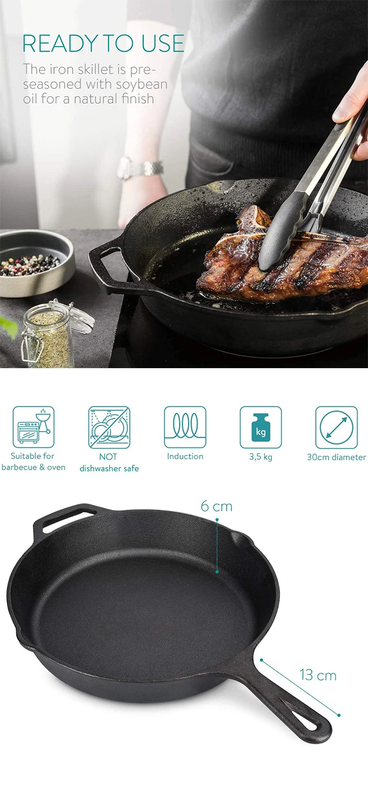 Preseasoned Cast Iron Fry Pan 11.8 Inch Cast Iron Cookware Skillet For