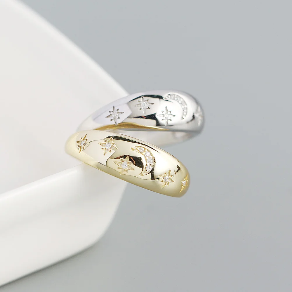 Women's Retro Light Luxury S925 Silver Ins Ring with Geometric Star Moon Diamond Niche Opening Lab Diamond Ring