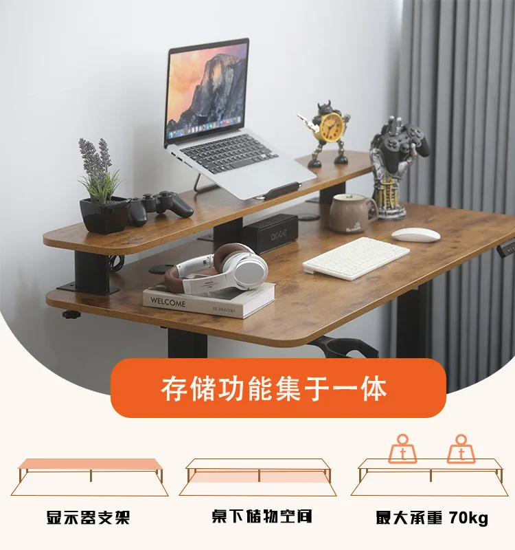 product modern double layer electric lift computer desk adjustable home office study  gaming workbench with iron metal panel wood style-6