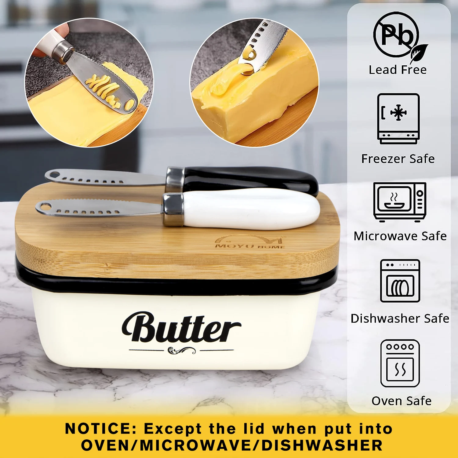 1 Set Of Enamel Butter Tray Set,With 1 Bamboo Lid And 2 Ceramic Handle