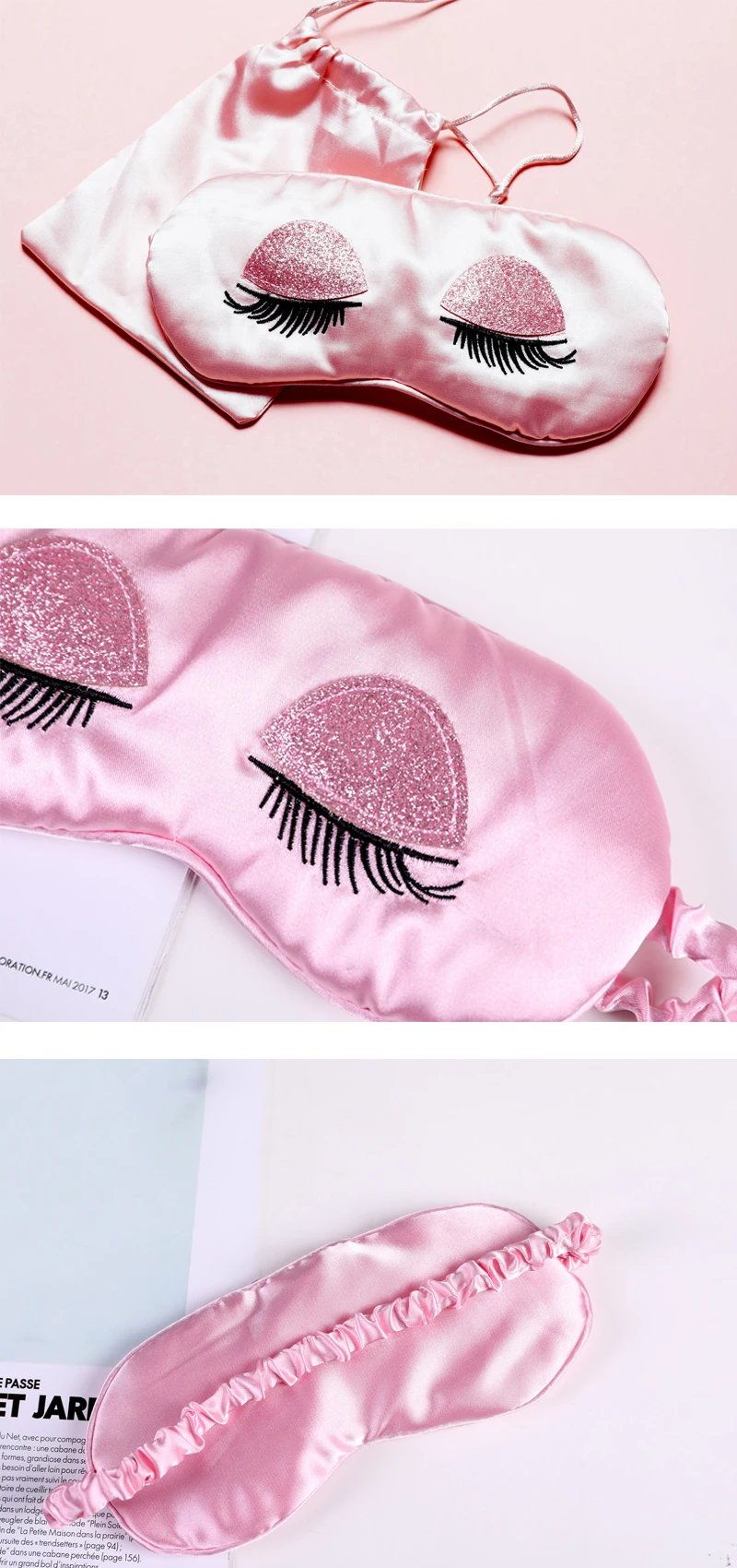 Soft Embroidery Eyelash Silk Satin Sleeping Mask With Pouch Buy