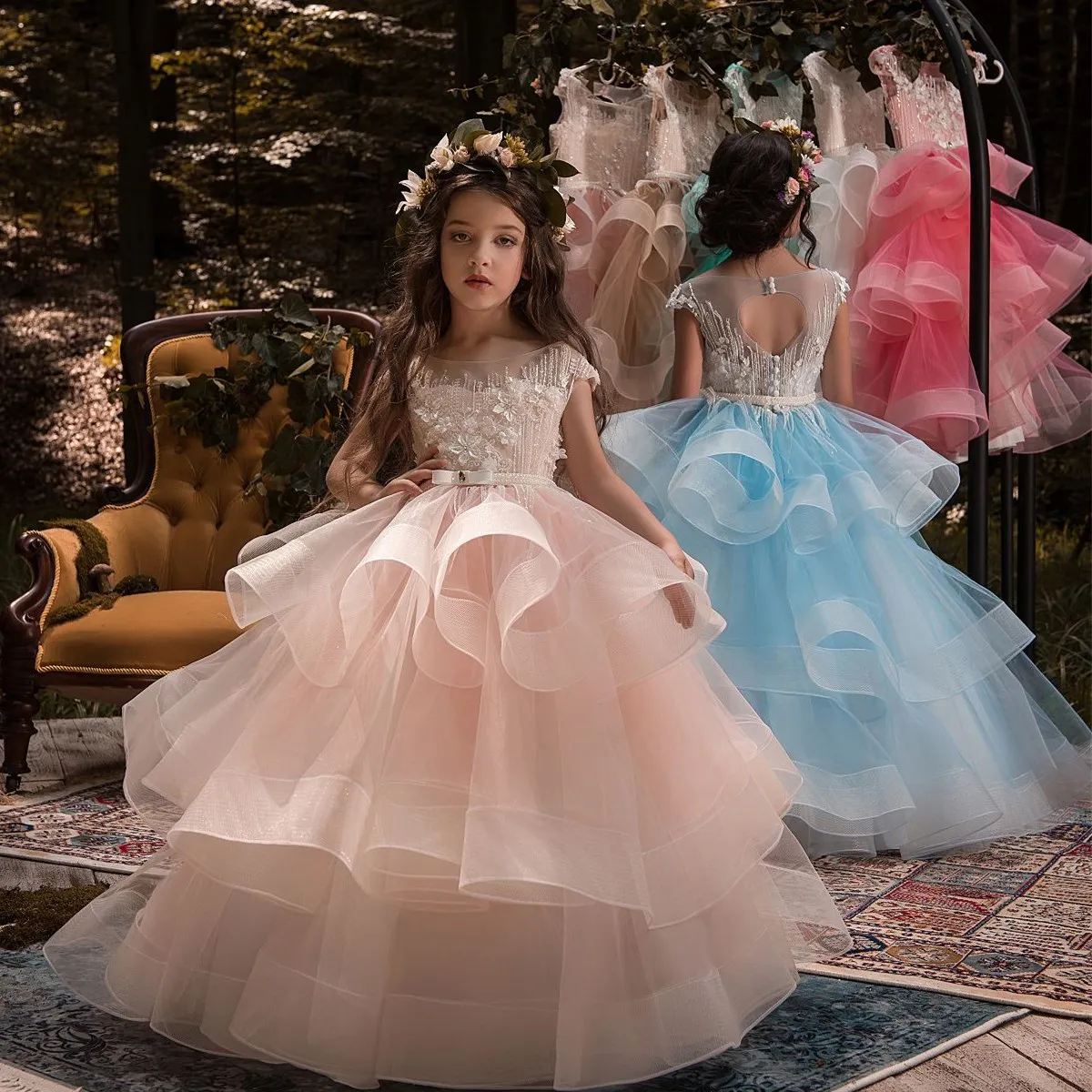 In Stock Pink Beaded Children Party Dresses Full Length Kids Ball Gown