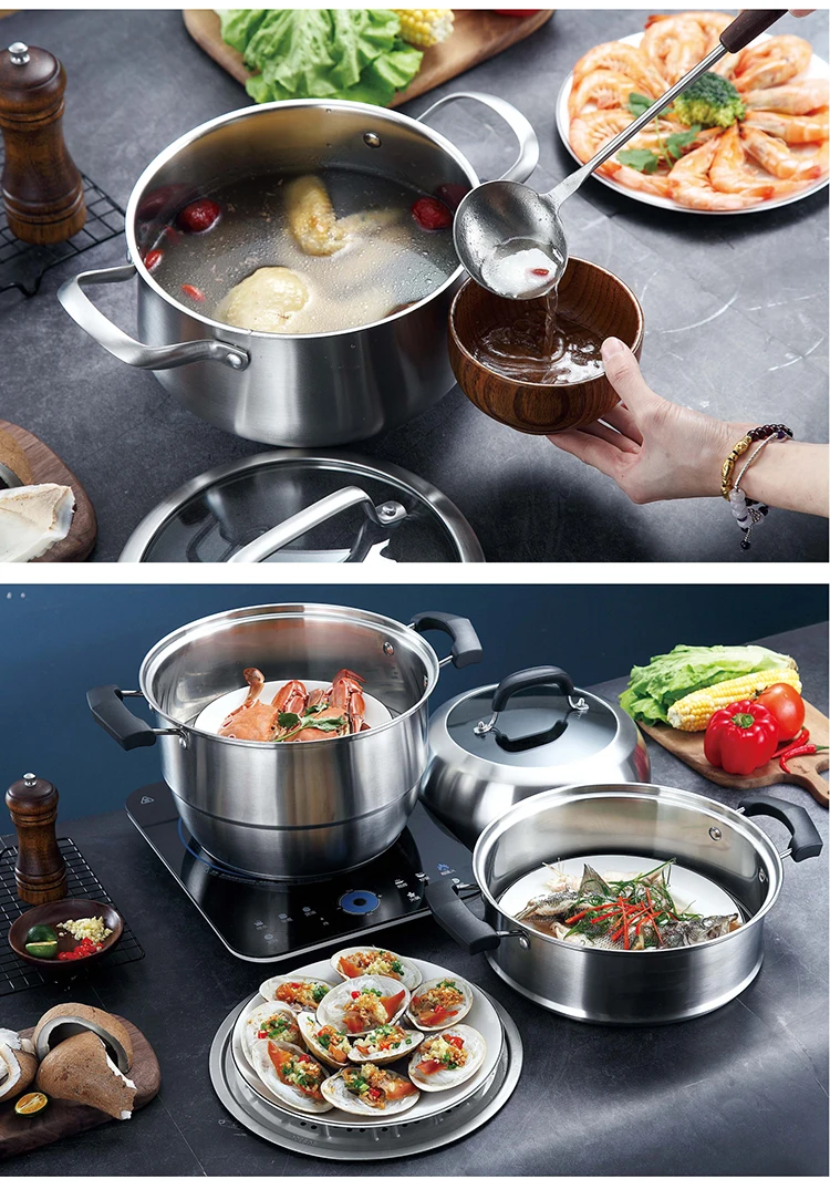 高品质的双柄带盖汤锅不锈钢火锅锅具套装火锅