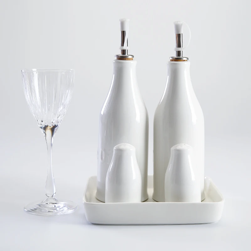 Weiye 5pcs White Ceramic Seasoning Storage Set Olive Oil Bottle Spice