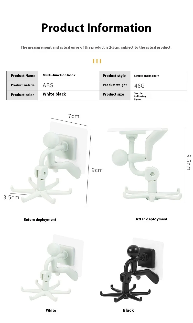 Single Tier 6-Hook Plastic Wall-Mounted Hanger 360 Degree Rotating Small Person Shape Novelty Storage Tools for Living Room