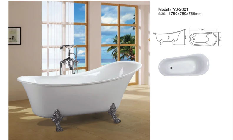 YJ2002 Glossy White Bathroom Soaking Indoor Acrylic Free Standing Bath Tub