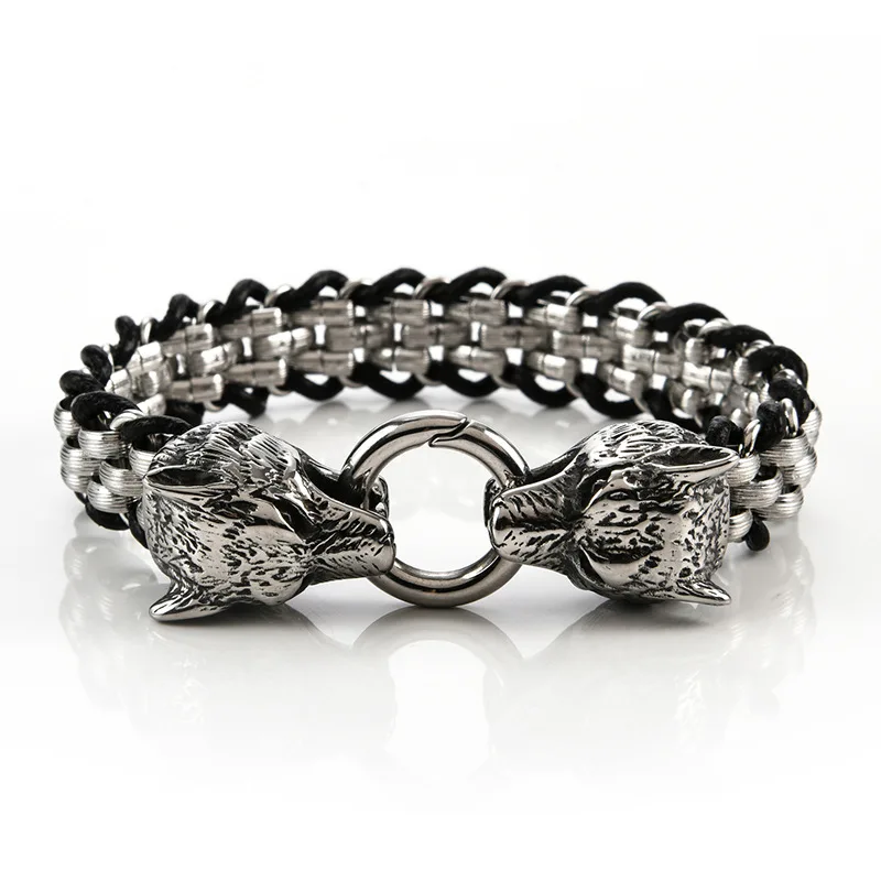 Punk Style Men's Stainless Steel Double Wolf Head Buckle Bracelet Fashion Chain for Men