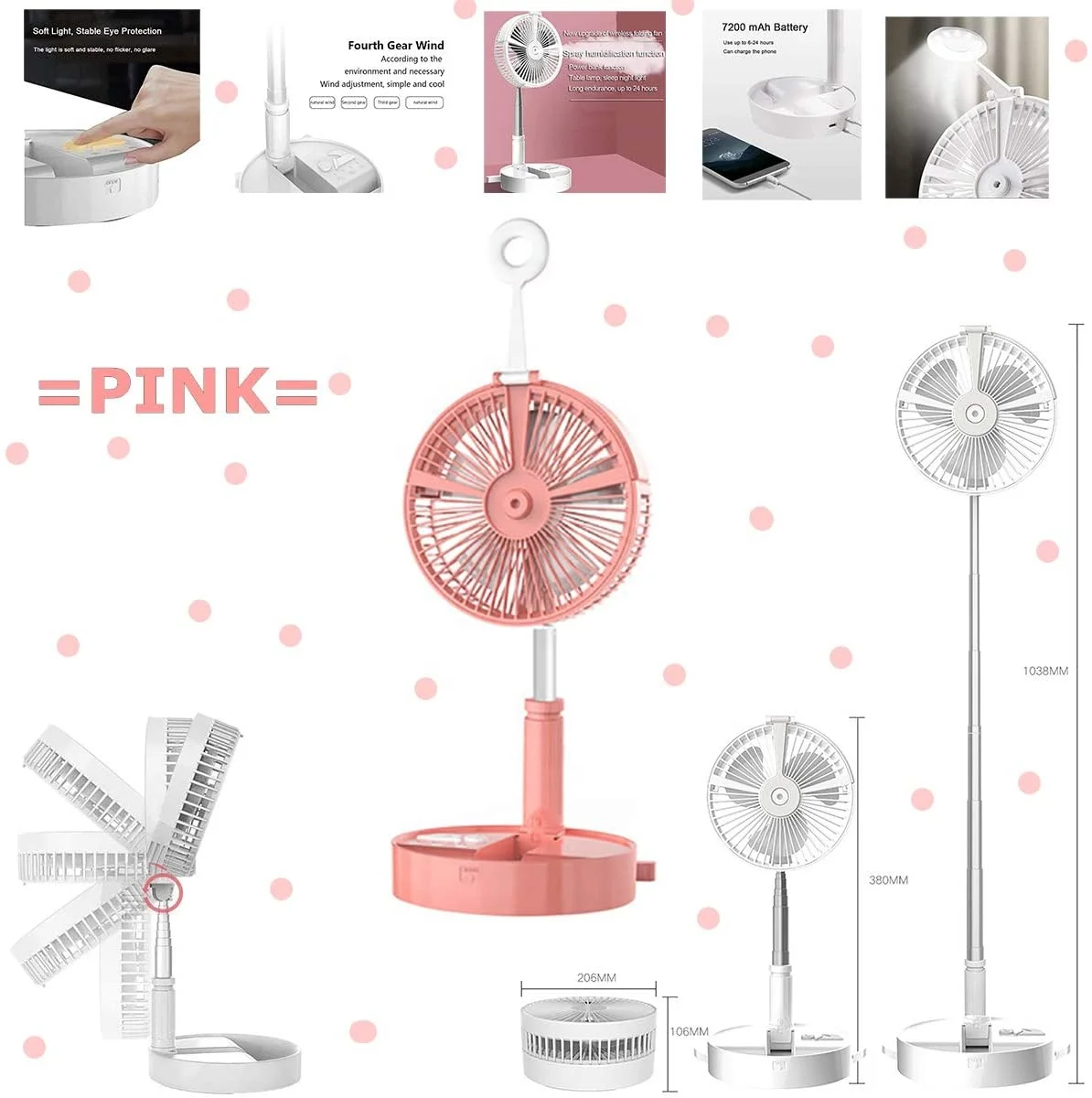 Portable Desk Table Fan, Height Adjustable Folding Telescopic Floor Fan, USB Rechargeable Fan Travel Fan LED Lamp and Night