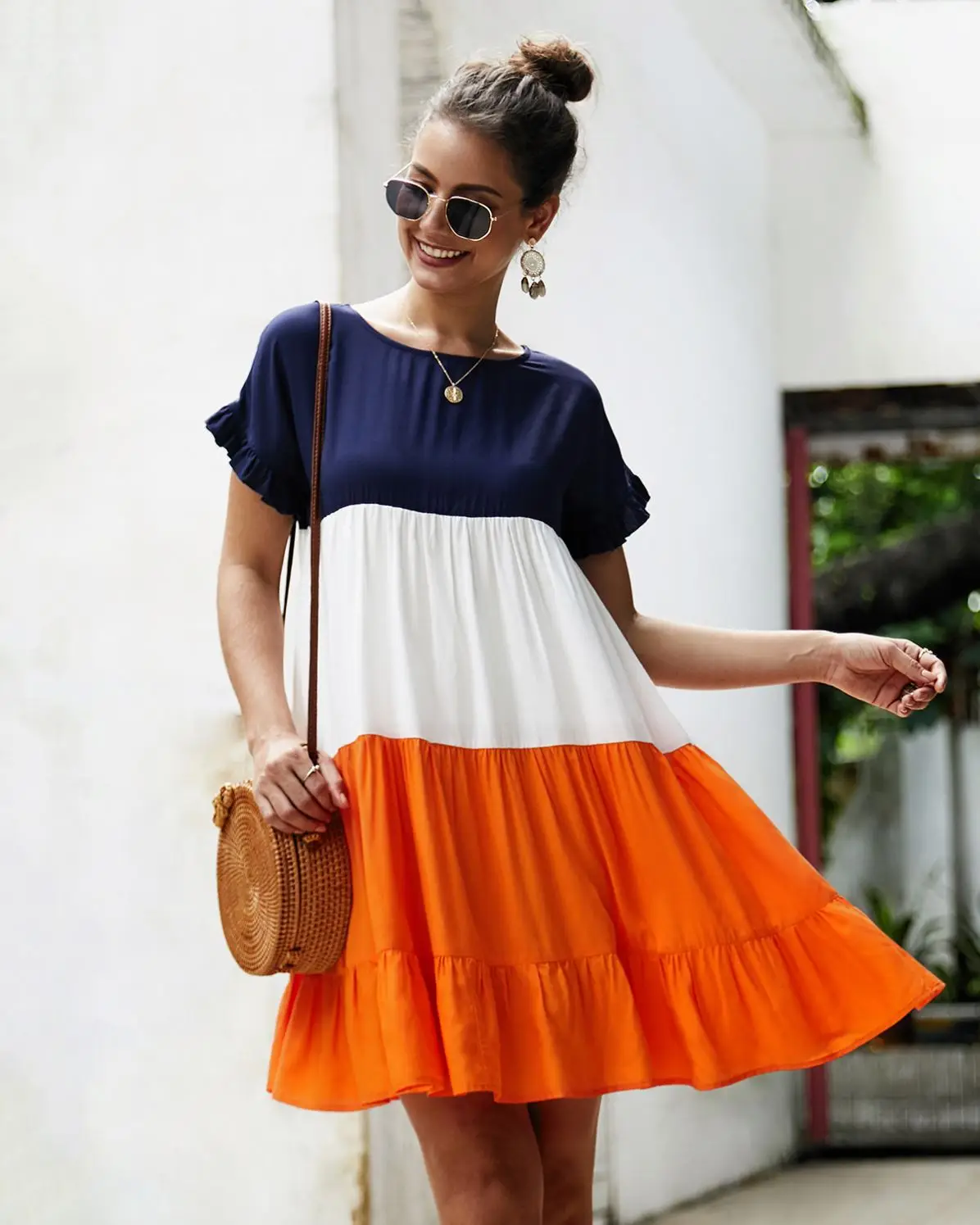 

Women Multi Color Block Ruffle Sleeves Casual Dress For Summer, Picture color