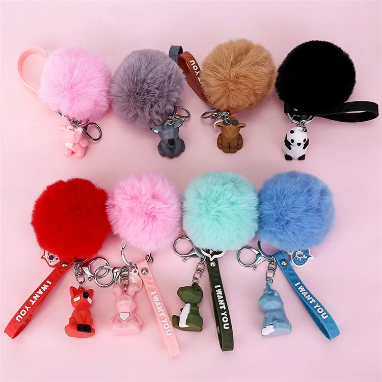 
Leye Popular Korean Style Lovely Pure Color Different Kinds Cut Animal Fur Ball Keychains 