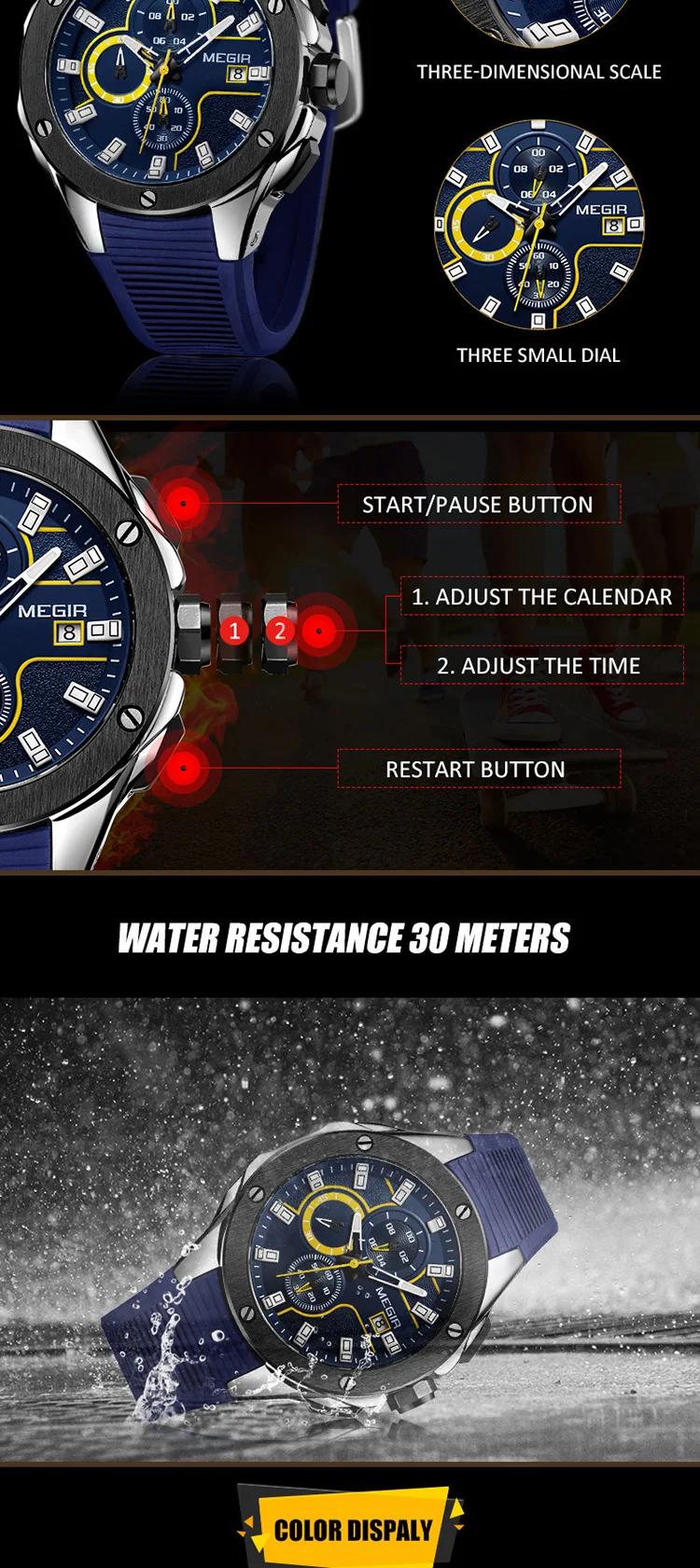 MEGIR 2053 super boy made in china watch buy Genuine Leather Strap personalized 3 dials chronometer diameter 45mm watch set