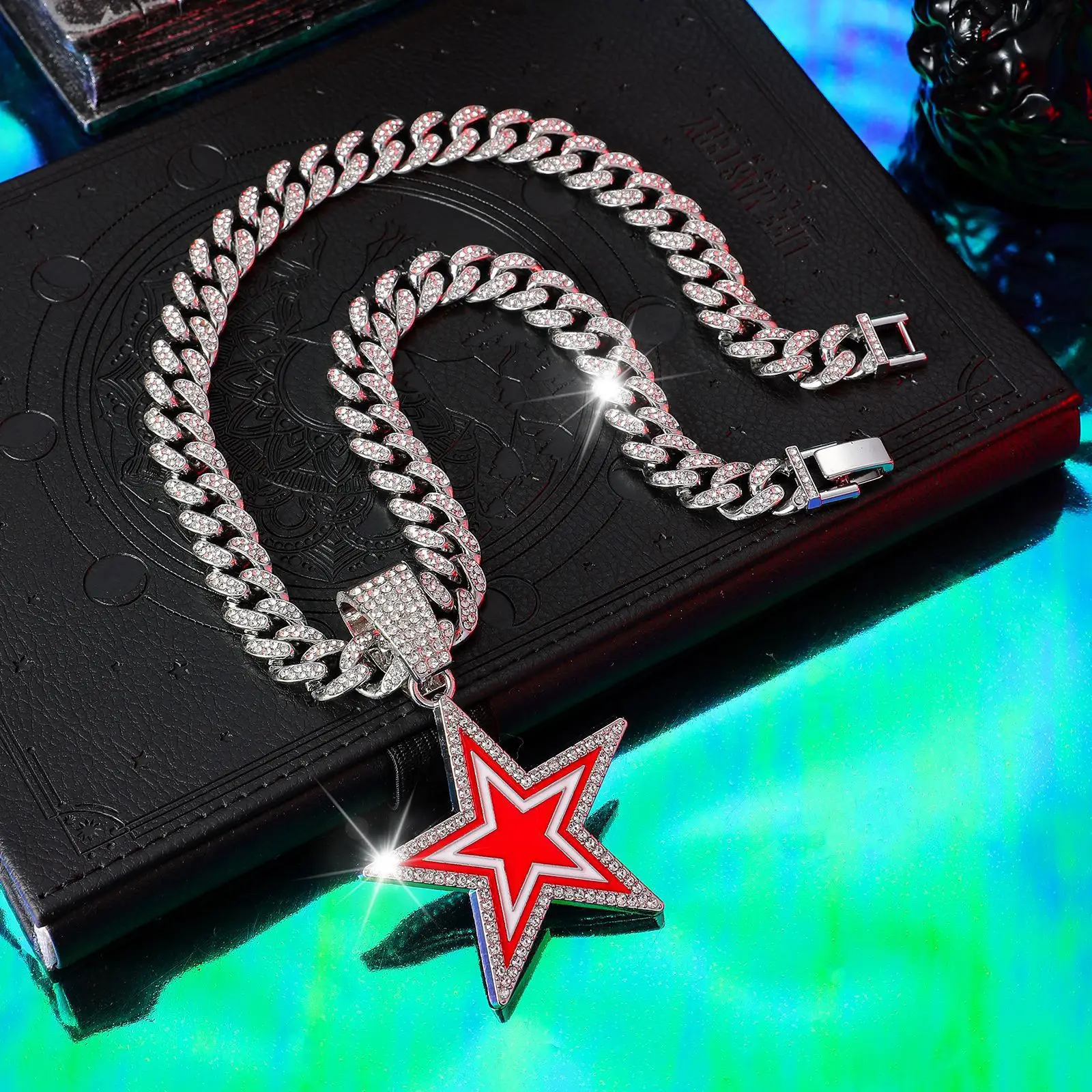 product european american style full diamond blue five pointed star pendant necklace fashionable hip hop design for men women for gift-17