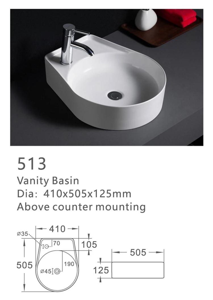 513 OEM single tap hole unique design hotel decoration porcelain hand wash basin