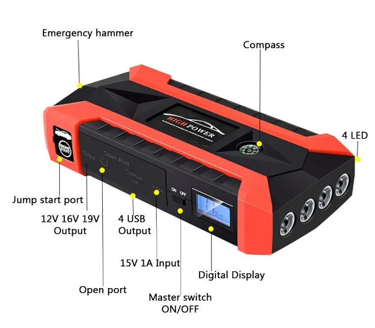 89800 Mah 4usb Auto Multifunctionele Emergency Charger Batterij Power