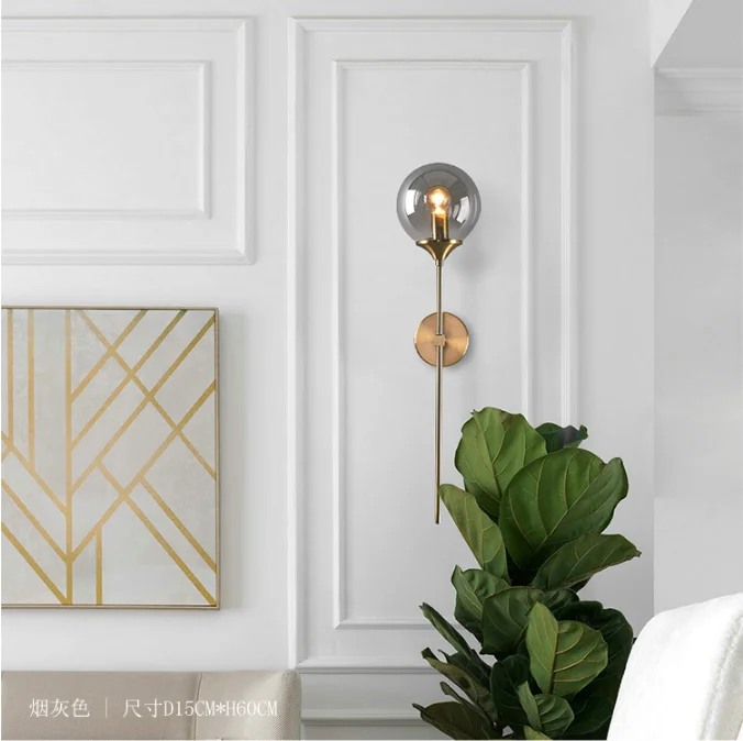 modern factory golden LED indoor wall lights bedroom glass ball shade metal wall lamp