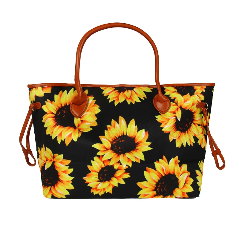

Wholesale Women Canvas Colorful Sunflower Tote Purse Lady Leopard Aztec Handbag Sunflower Girl Trendy Tote Bag for Boutique, As pics