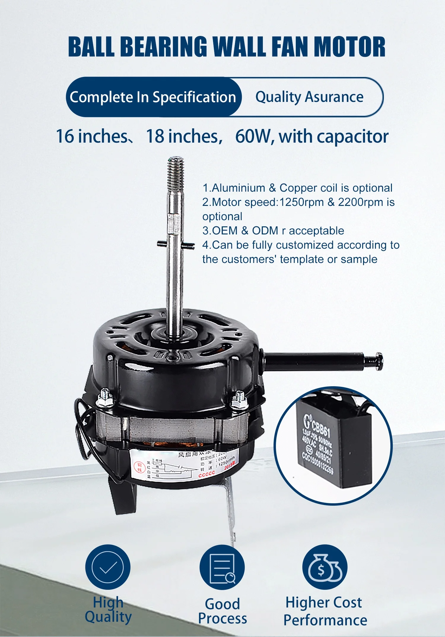 Sunchonglic 220v 16 Inch 60w 1250 Rpm Electric Fan Motors Copper Wire