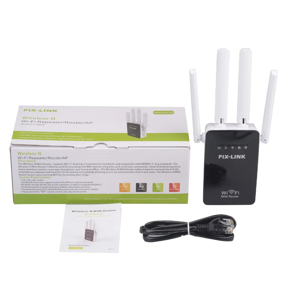 PIX LINK LV-WR09 300Mbps Wireless-N Repeater/Router/AP Black Cover