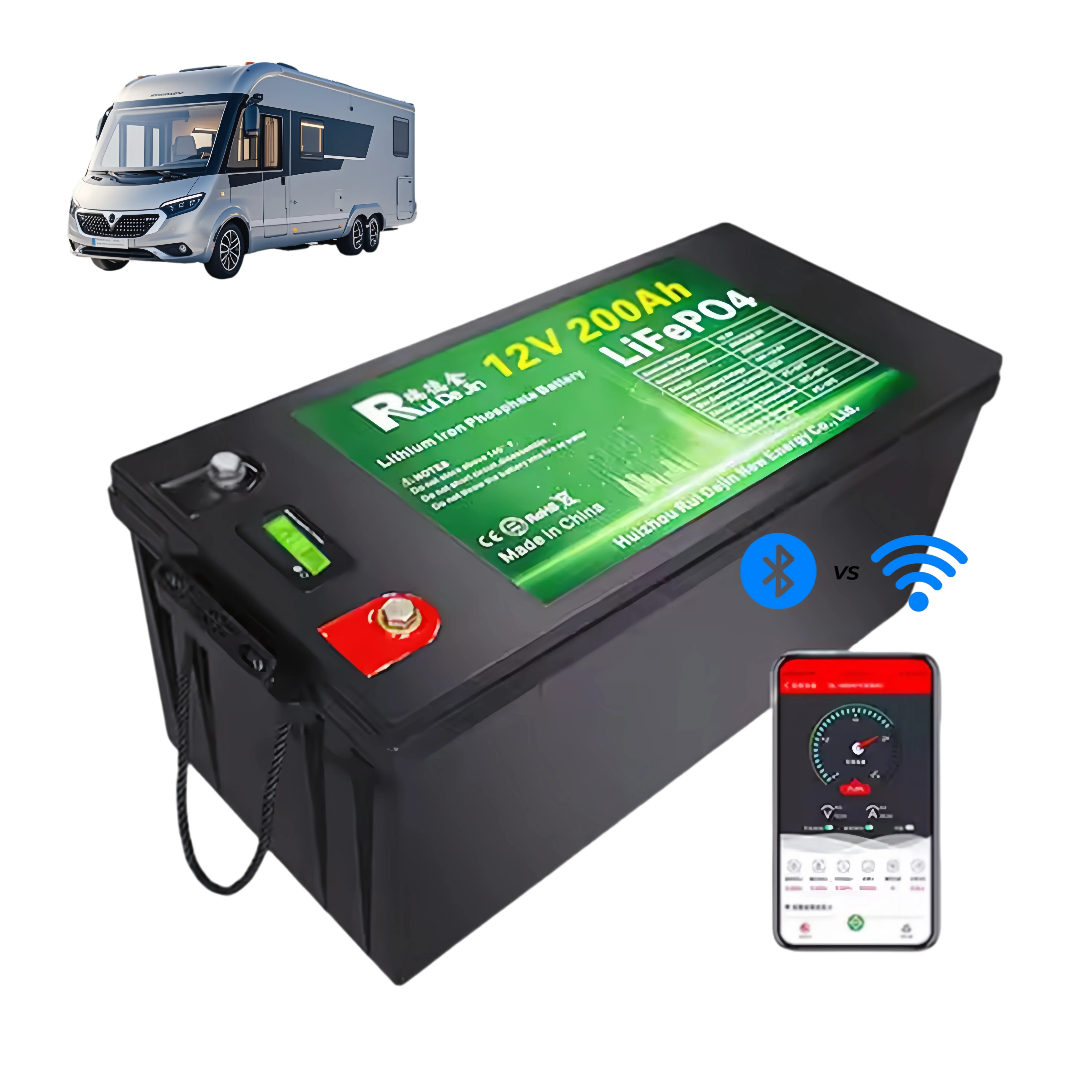 12V solar battery mounted in RV under-floor compartment with temperature sensor