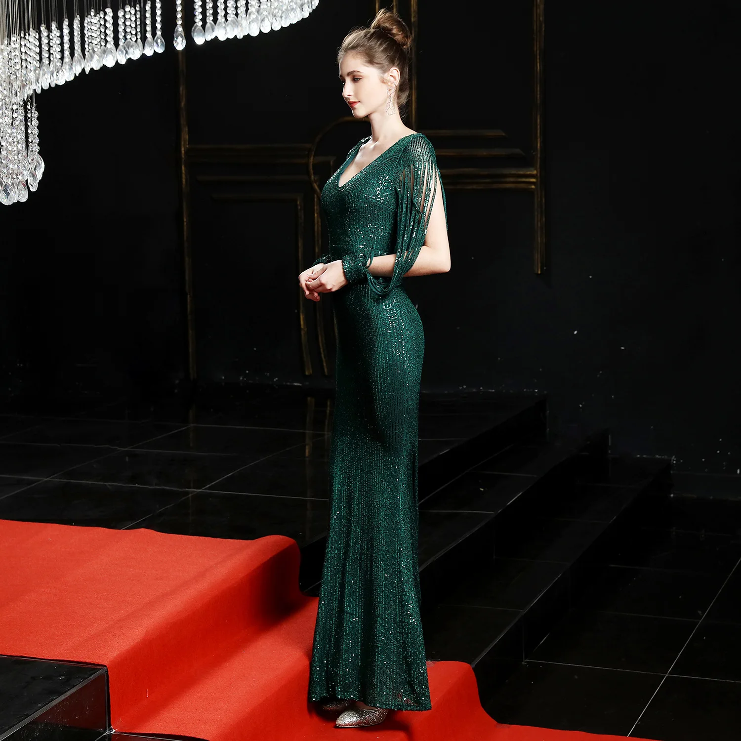 yyy1245 女装时尚长袖亮片长裙阿比耶华丽衣服 de 晚会派对晚礼服礼服