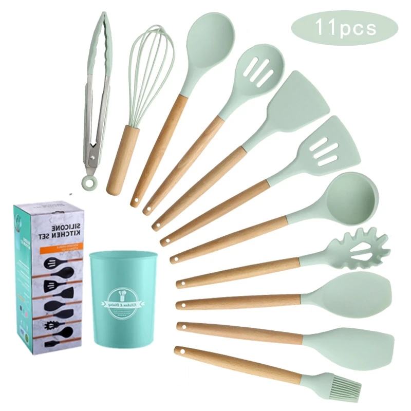 
11pcs Heat Resistant Wooden Non-Stick Cooking Kitchen Gadgets Tools Silicone Utensils Set With Storage Bucket 