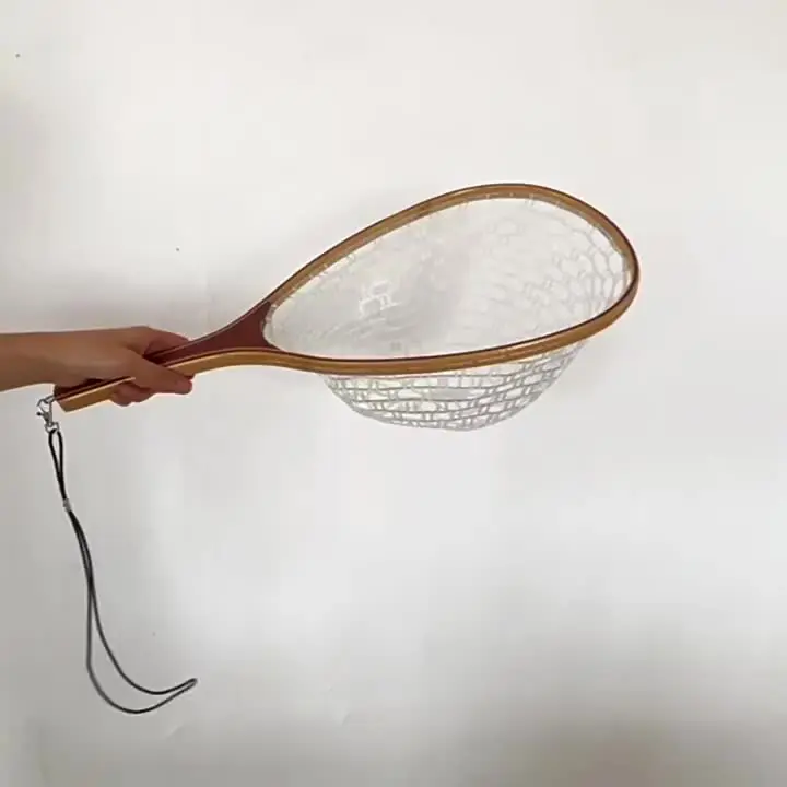 Wooden Frame Fly Fishing Net, Rubber Coated Fishing Net With Curved Handle, Lightweight