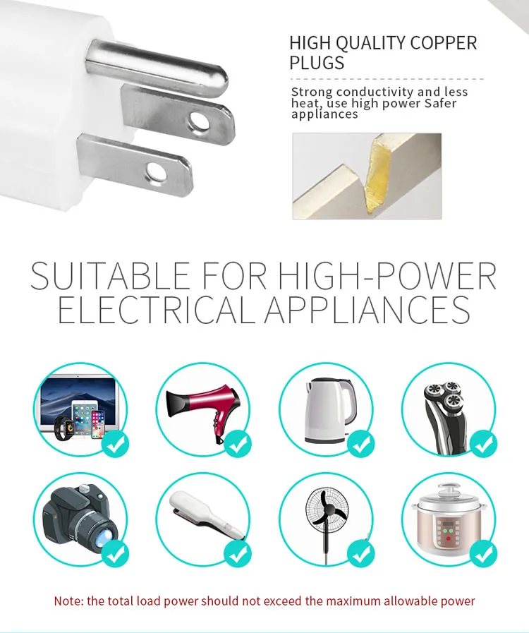 Extension multi 4 socket and 2 usb port usa cube square outlet usb 3-pin power strip adapter socket with cord