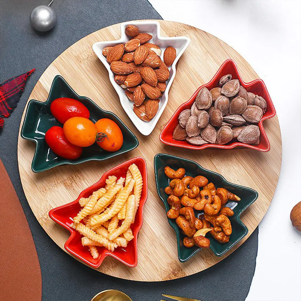 Christmas Tree Shaped Plates with Bamboo Tray Candy Nut Serving Container Platters Snacks Fruits Plate Ceramic Snack Tray factory