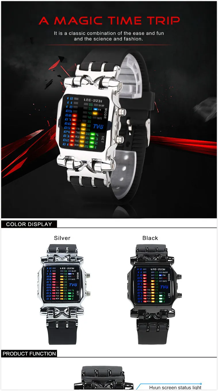 TVG 2231 Men LED Digital Wrist Watch 2019 New Cool Creative Colorful LED Luminous Waterproof Rubber Hand Watch For Male