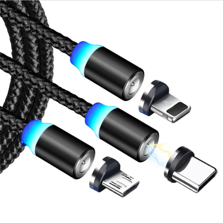 

Hot Sale Custom Mobile Phone Fast Charging Usb 3 in 1 Magnetic Charging Braided Cable Magnetic Data Cable, Black