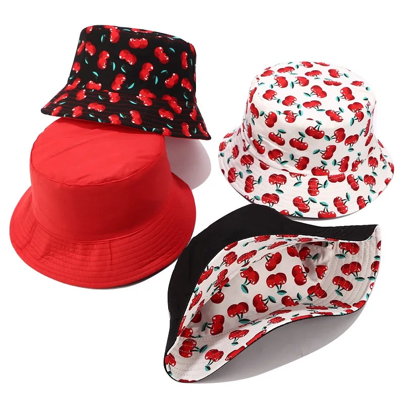 New 100 Cotton Custom Printed Cherry Reversible Bucket Hats Japanese